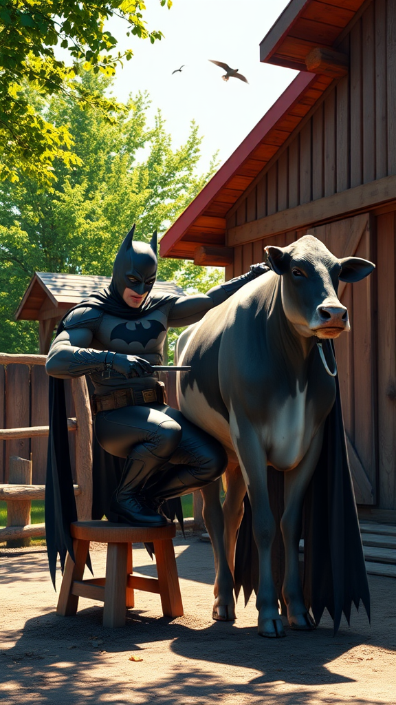 Batman milks a cow on a sunny day.