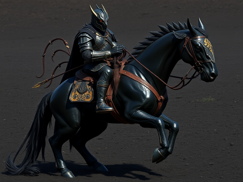 Battle-ready warrior rides fierce ebony horse into victory.