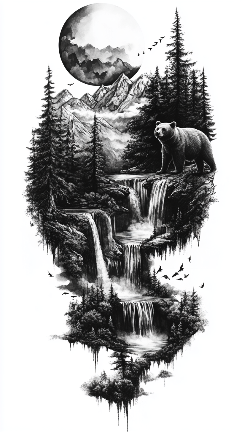 Tattoo Design of a Bear by waterfall among trees and mountains