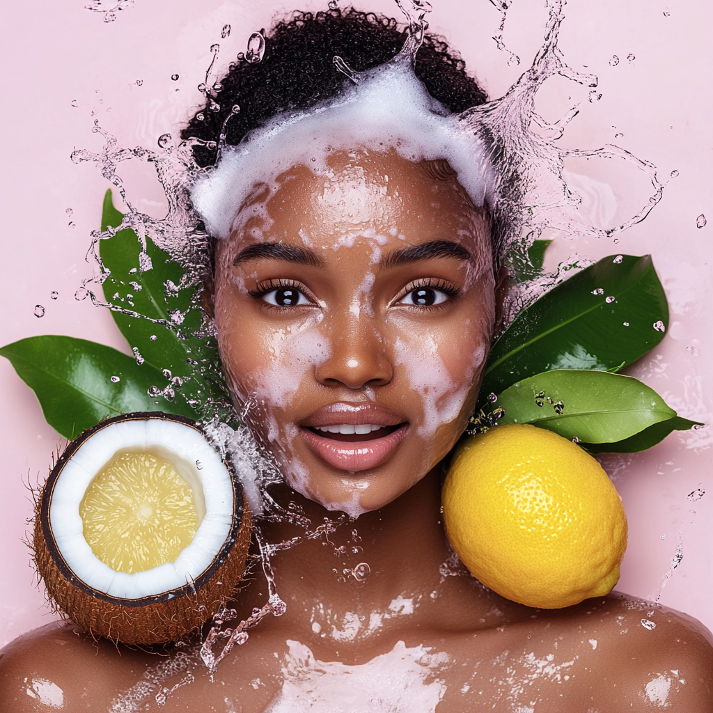 Beautiful African model washing with water and fruit