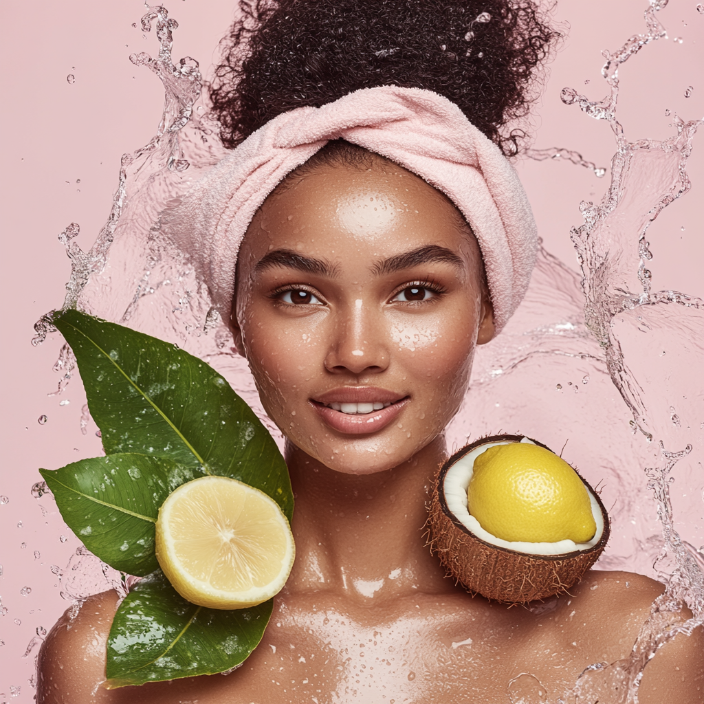 Beautiful African woman with coconut and lemon props