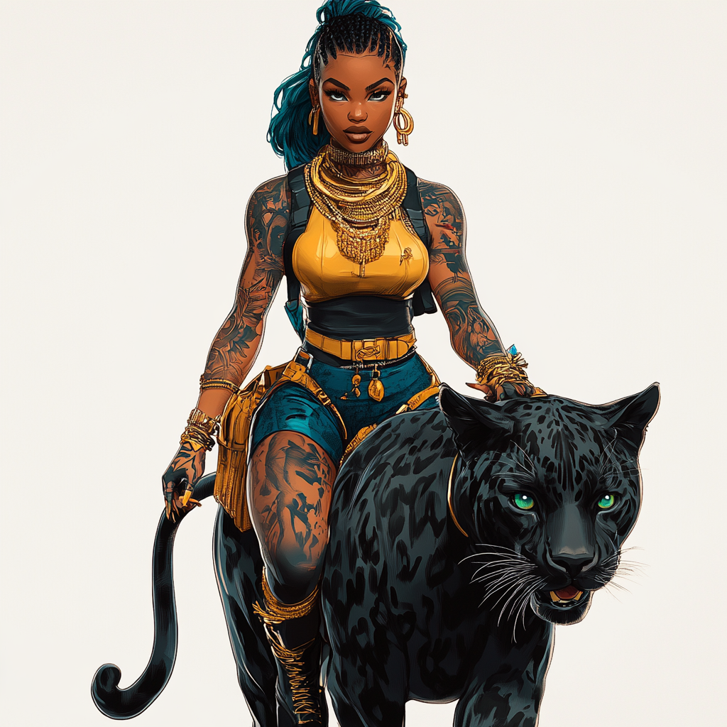 Beautiful African woman with tattoos riding black panther