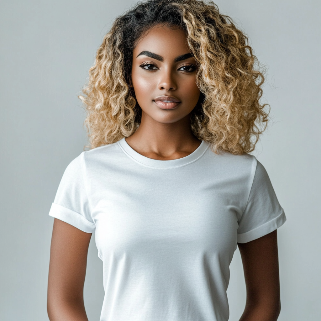 Beautiful Black and Blonde Female Model in T-shirt