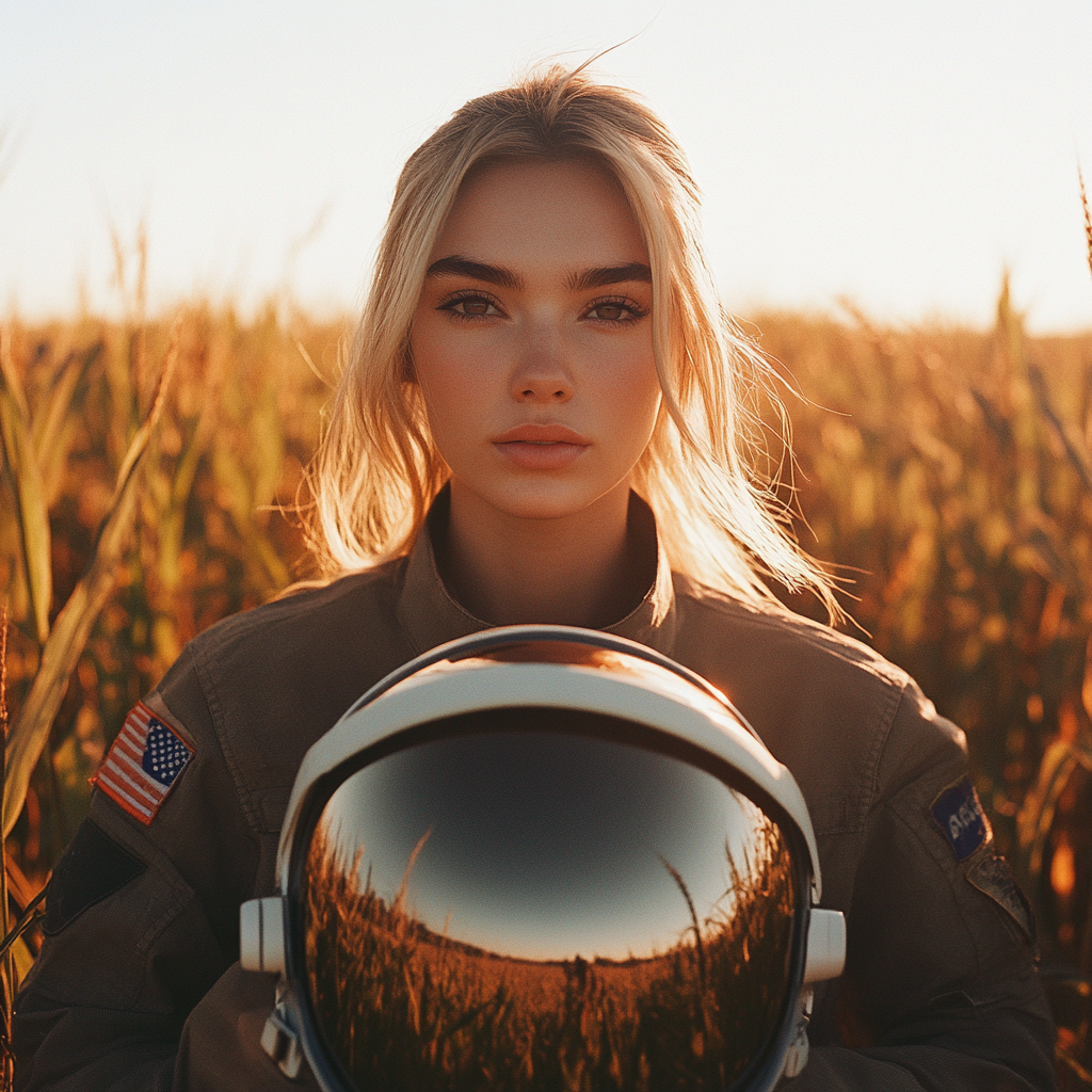 Beautiful Blonde Woman in Astronaut's Uniform at Sunset