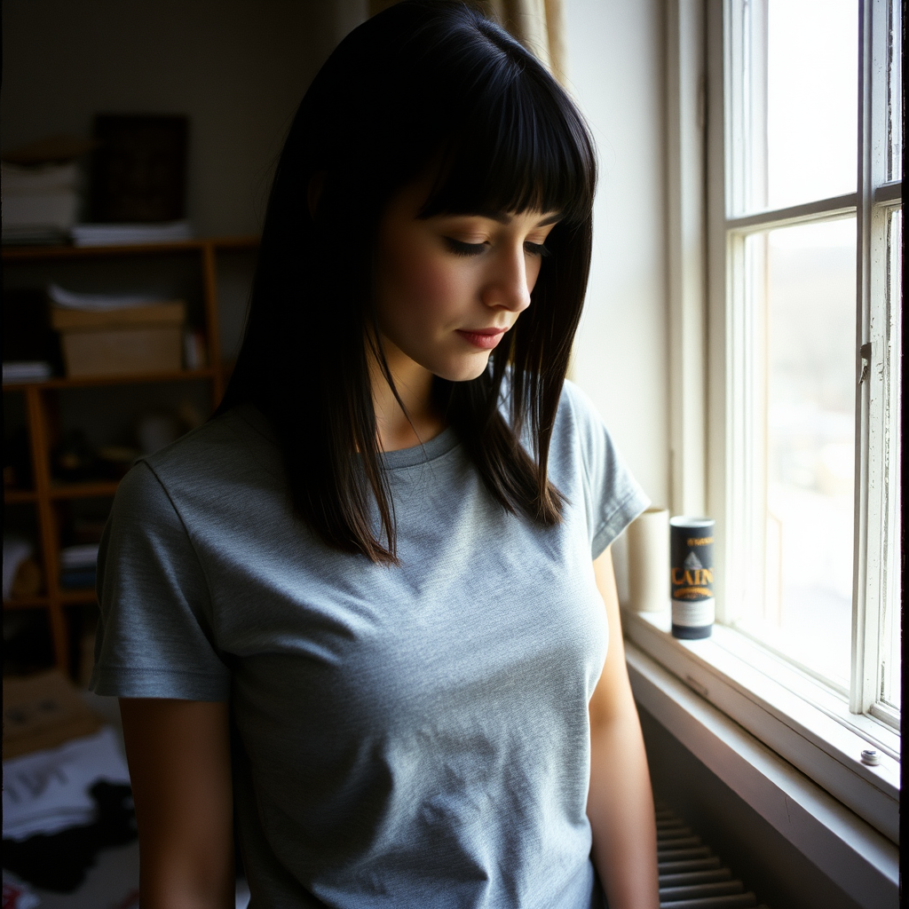 Beautiful British model on hot day in loft apartment.