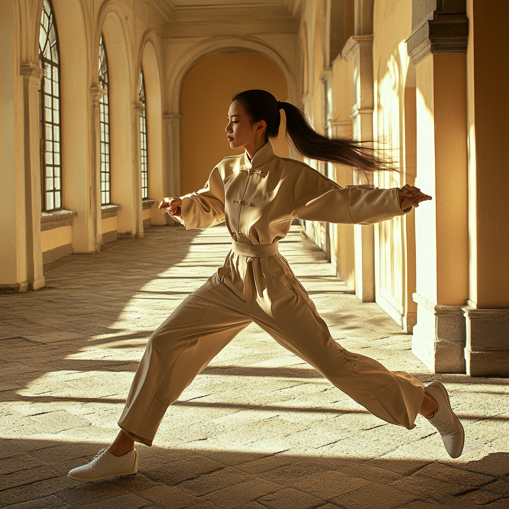 Beautiful Chinese woman in beige Hermes jumpsuit dueling opponent.