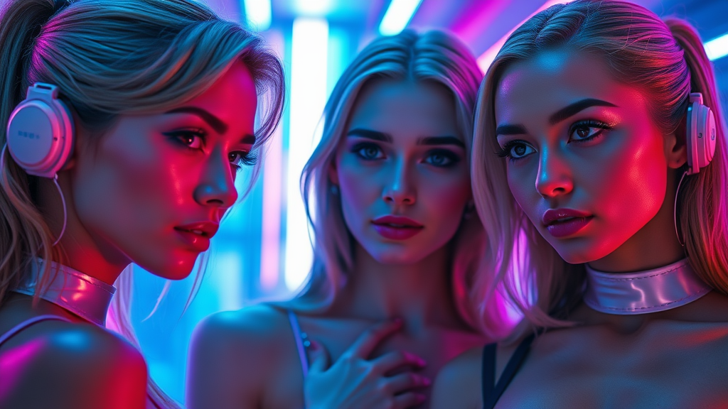 Beautiful Futuristic Women in Neon Lit Environment