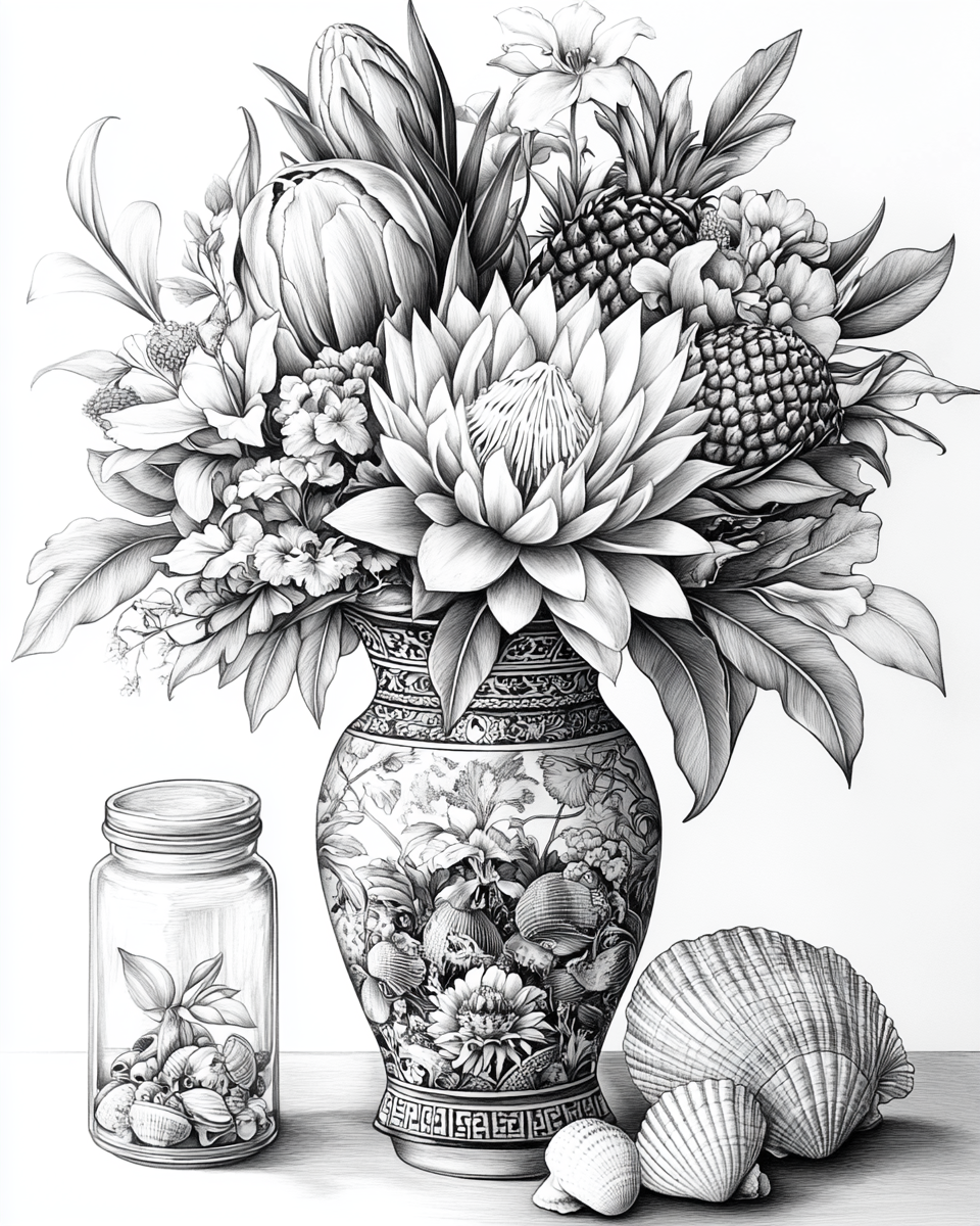 Beautiful Hawaiian Flower Arrangement in Black and White