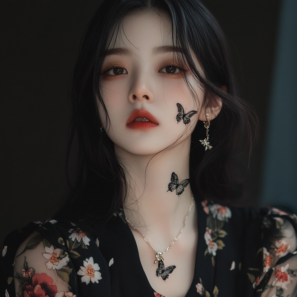 Beautiful Korean Girl with Winter Tattoo and Butterfly