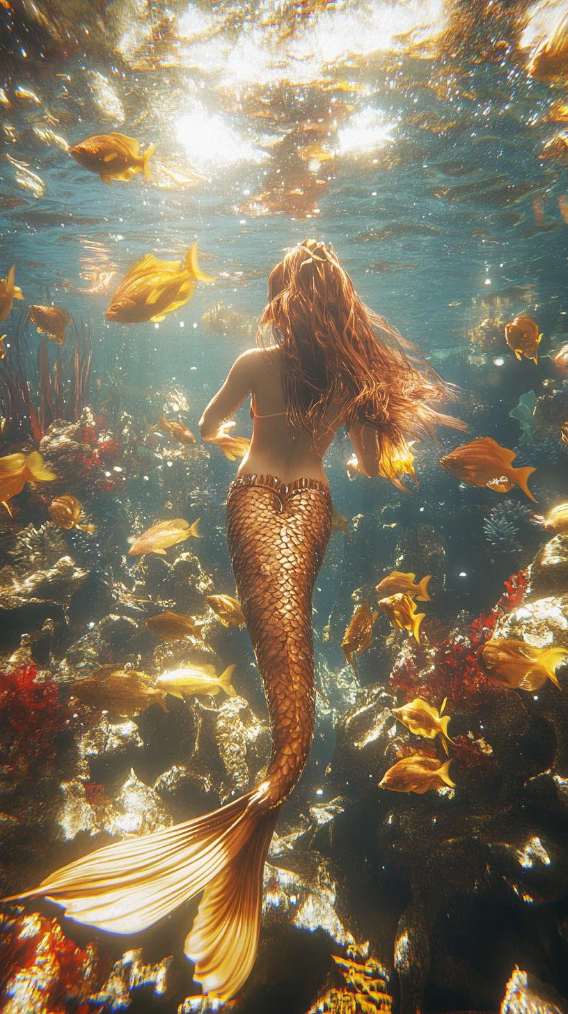 Beautiful Mermaid Swimming with Fish at Bottom of Sea