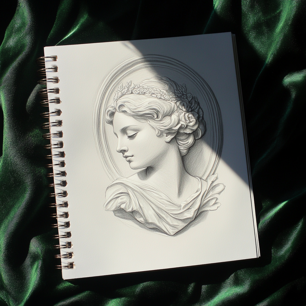 Beautiful art nouveau sketch of Venus on notebook.