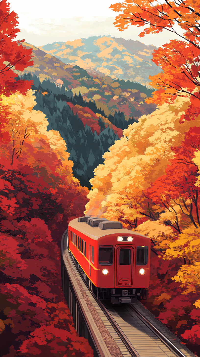 Beautiful autumn train journey through vibrant Japanese landscape.