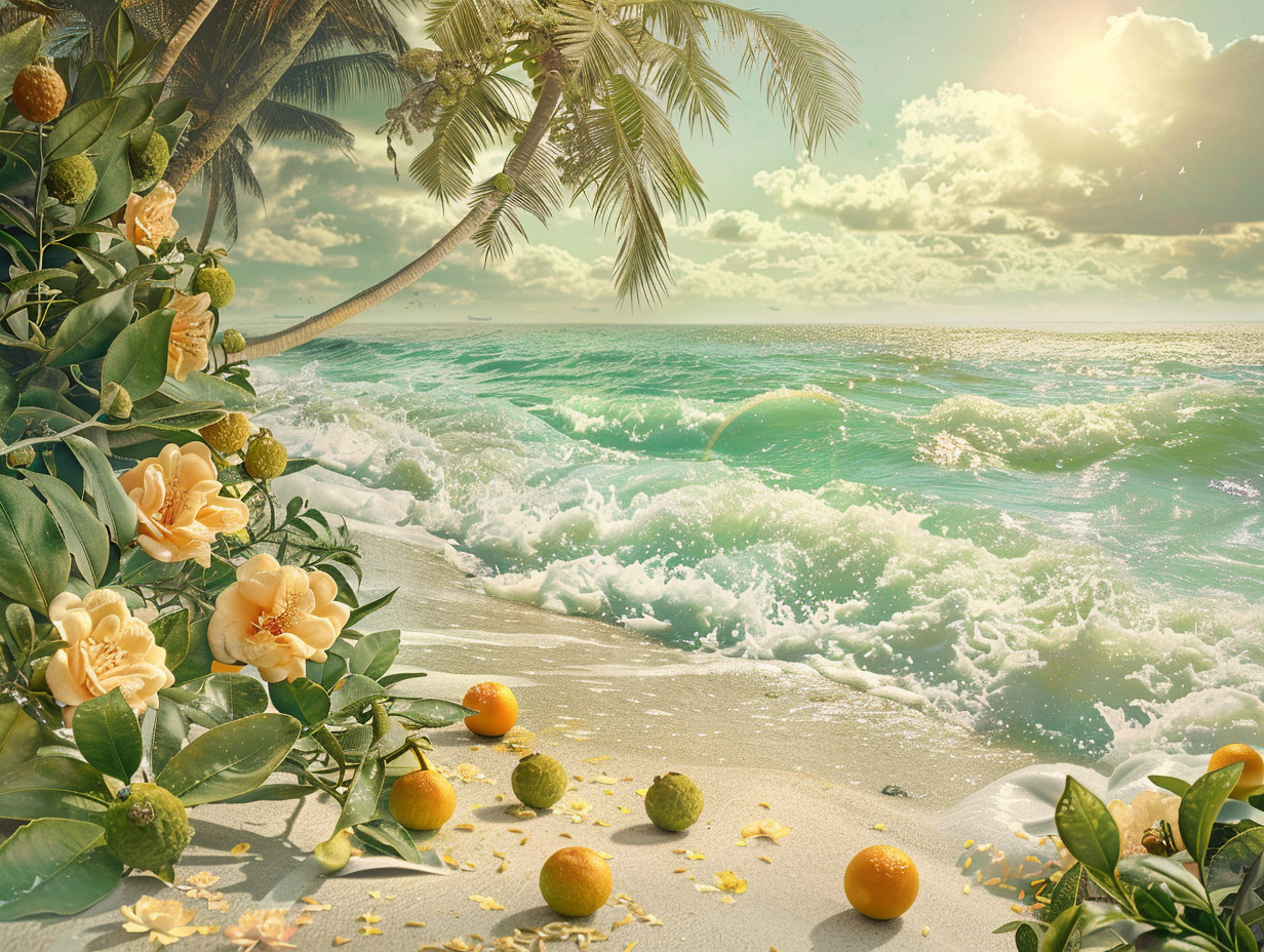 Beautiful beach landscape with fruits, flowers, and waves