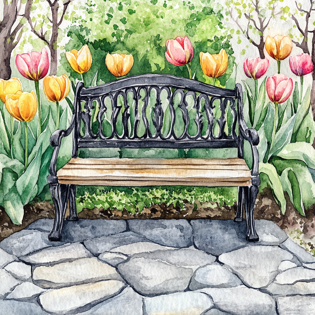 Beautiful bench in spring garden watercolor illustration