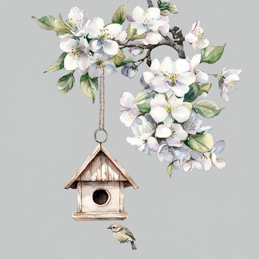 Beautiful birdhouse on blooming tree with colorful bird