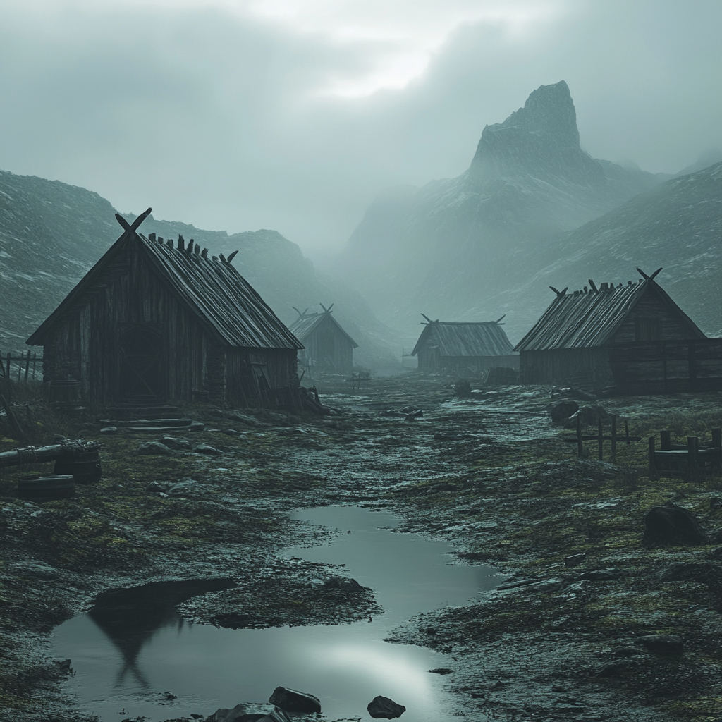 Beautiful dark fantasy tundra with small huts, pagan vibes.