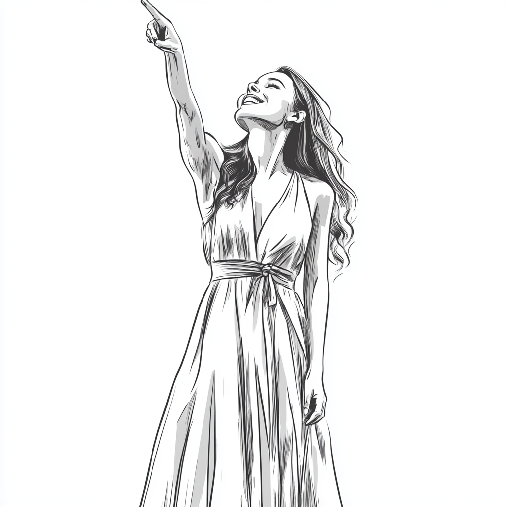 Beautiful female in maxi dress pointing, black-and-white sketch