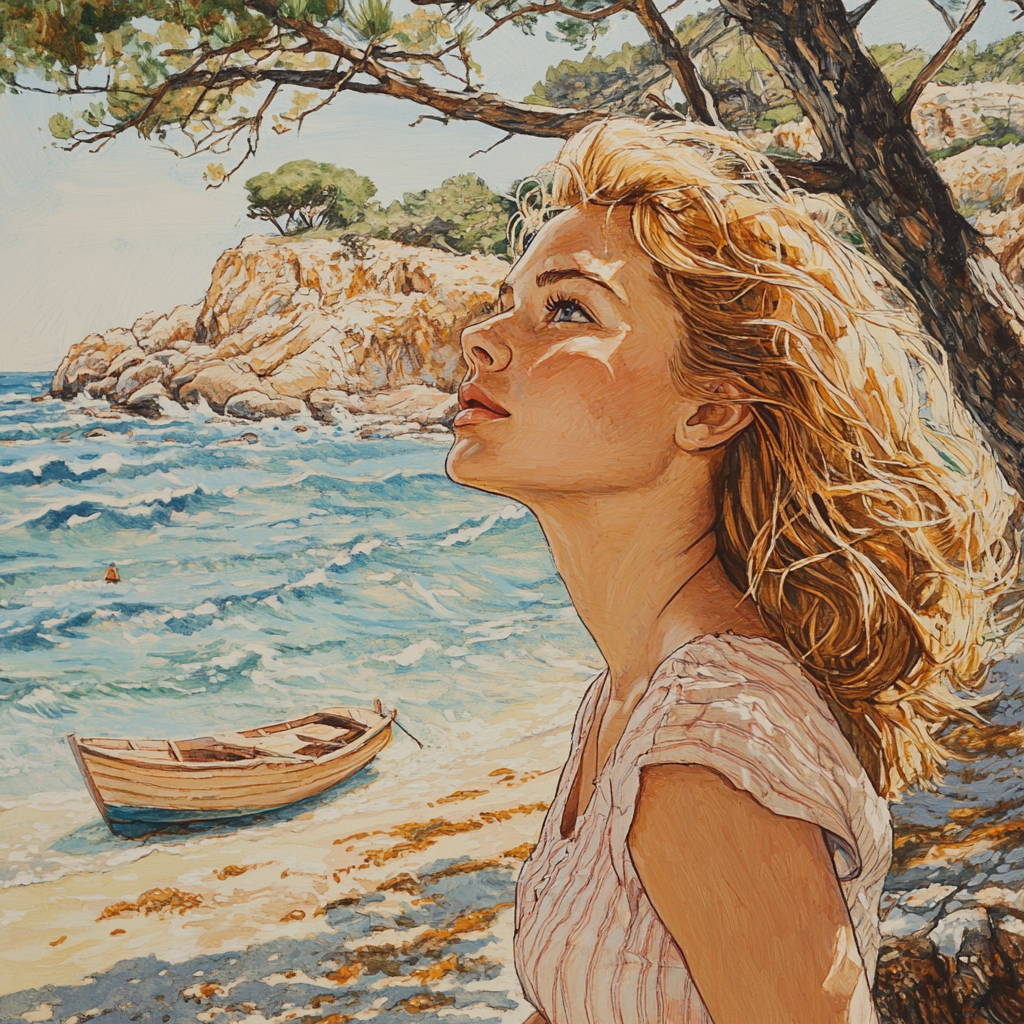 Beautiful girl on sandy beach, trees and boat