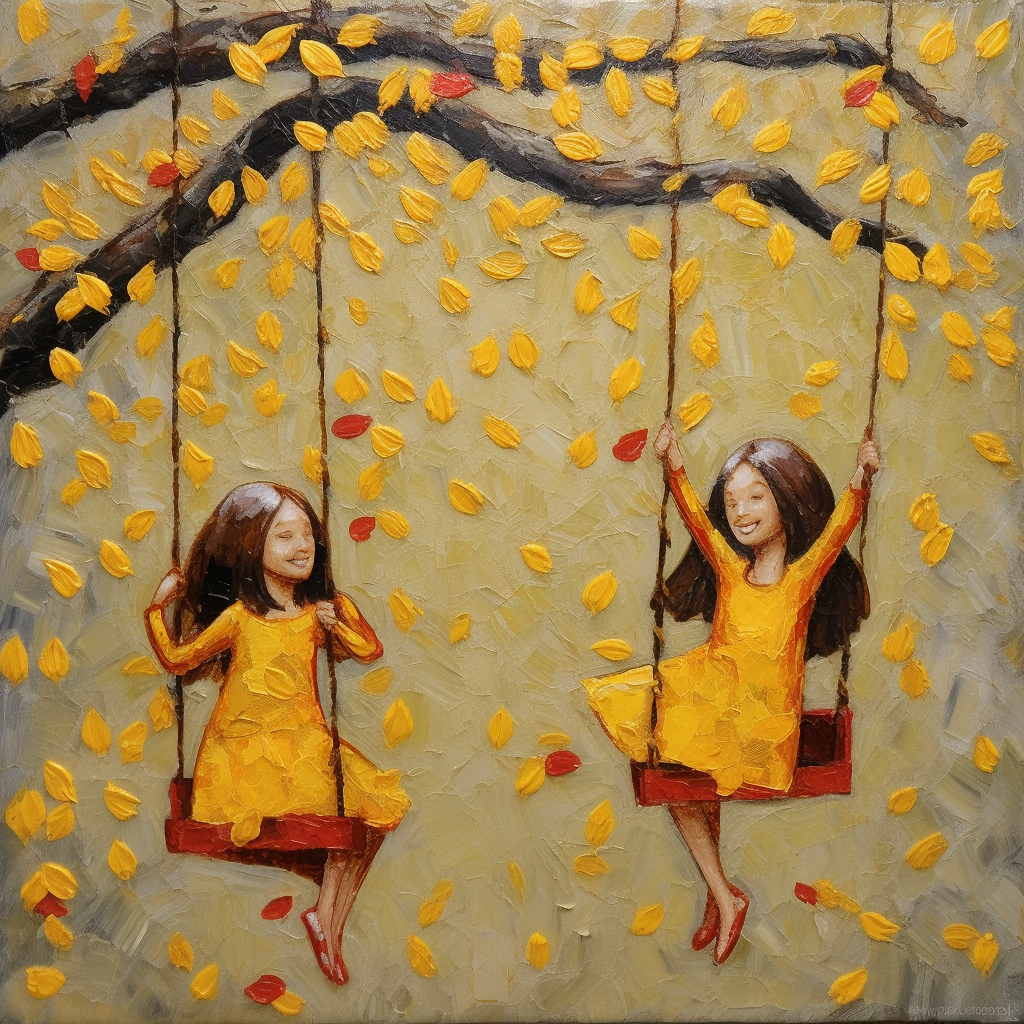 Beautiful girls swinging from mango tree in colorful oil Painting