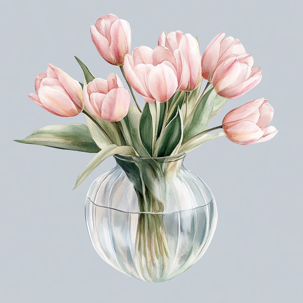 Beautiful pink tulips in glass vase watercolor clipart