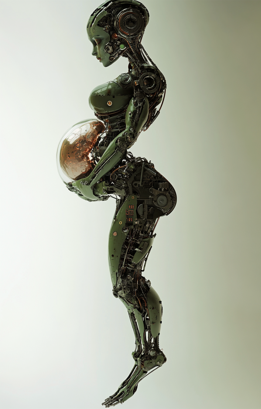 Beautiful pregnant robot with intricate mechanical legs