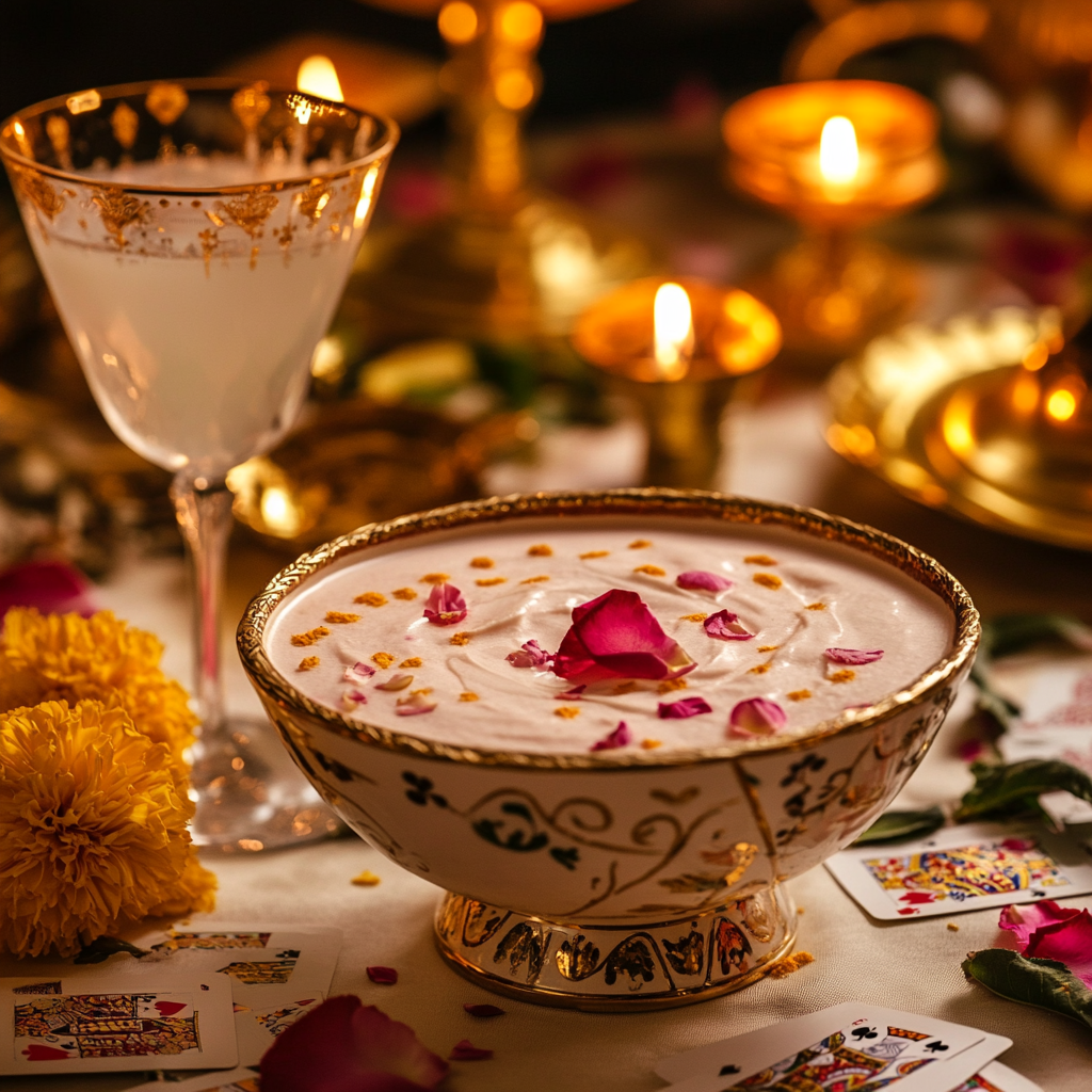 Beautiful rose petal dessert with cocktail and props