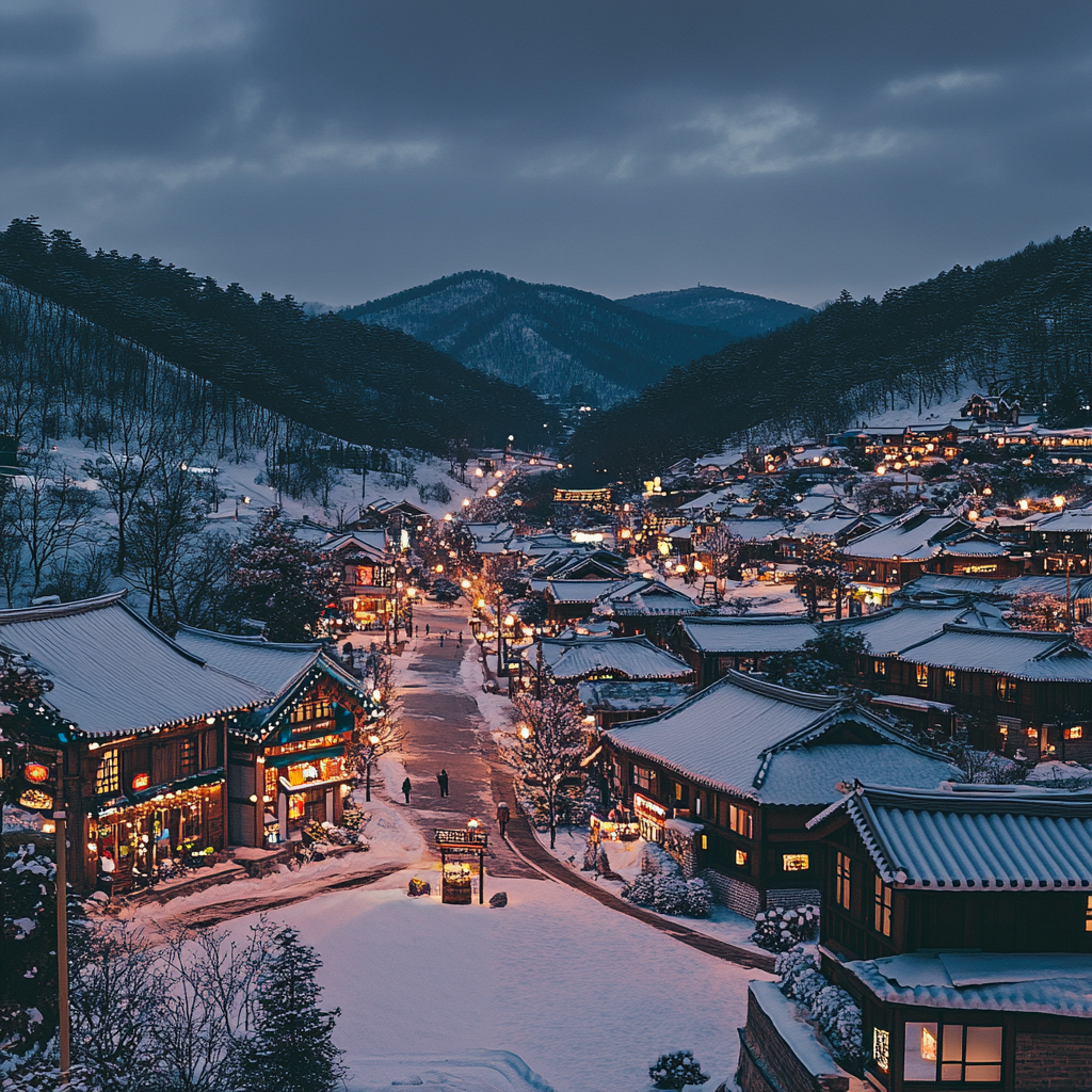 Beautiful snowy village at dusk with mountain view