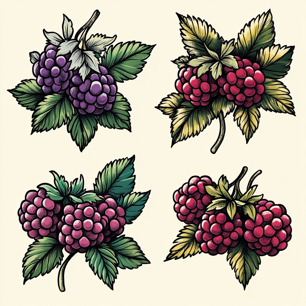 Beautiful tattoo of raspberry flower in different colors