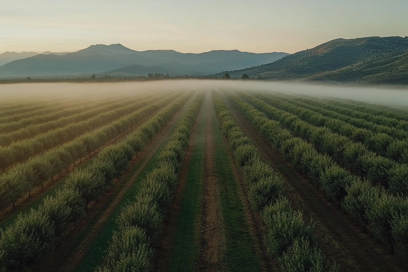 Beautiful view of apple orchards with mountains in background