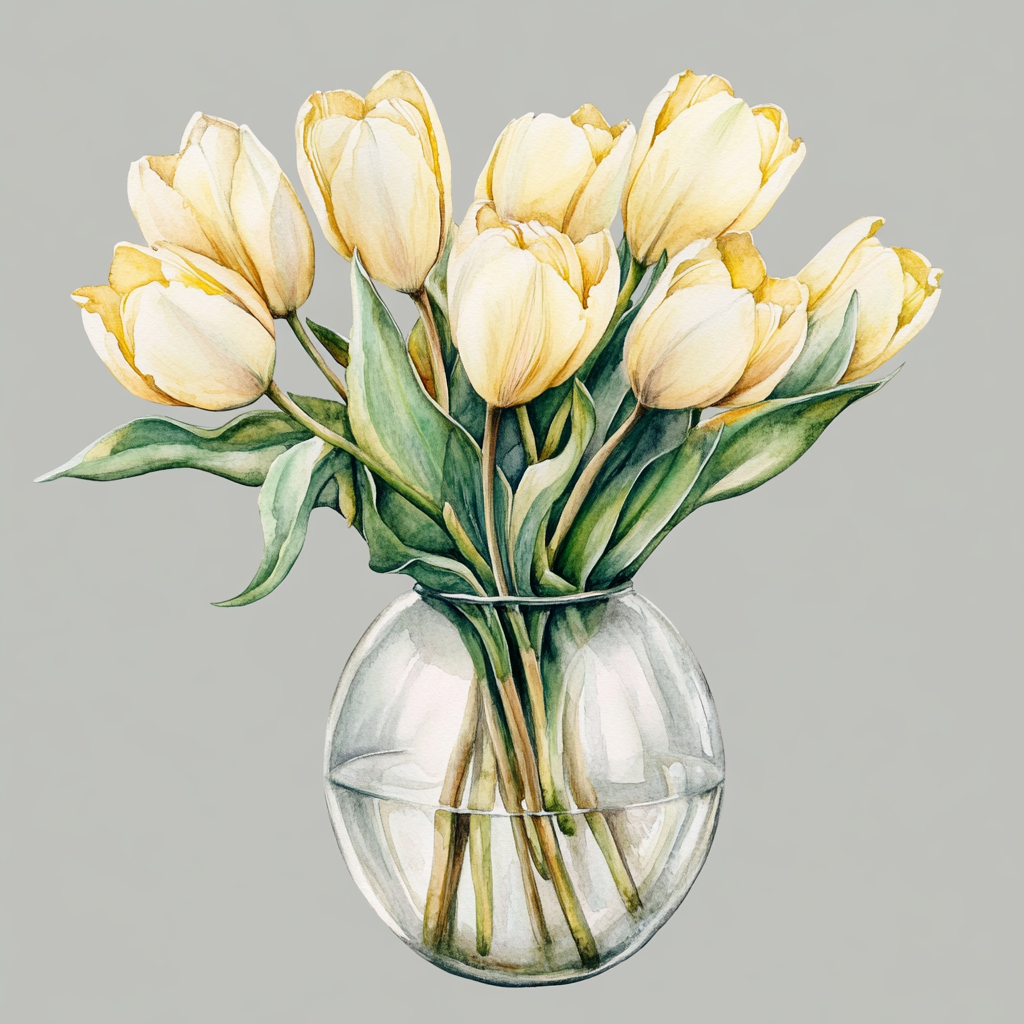 Beautiful watercolor bouquet of pastel yellow tulips in vase