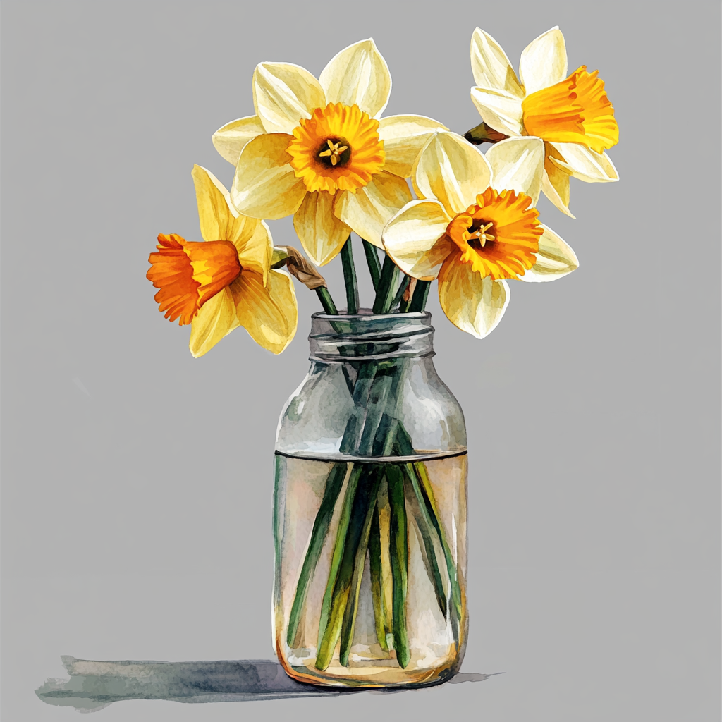 Beautiful watercolor daffodils in glass vase illustration