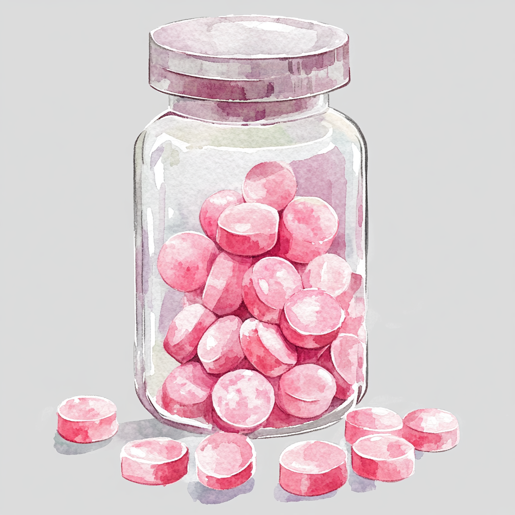 Beautiful watercolor illustration of pink pills in container