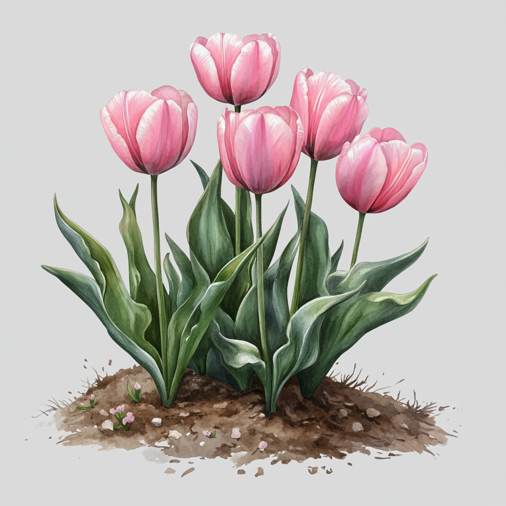 Beautiful watercolor pink tulips in spring garden