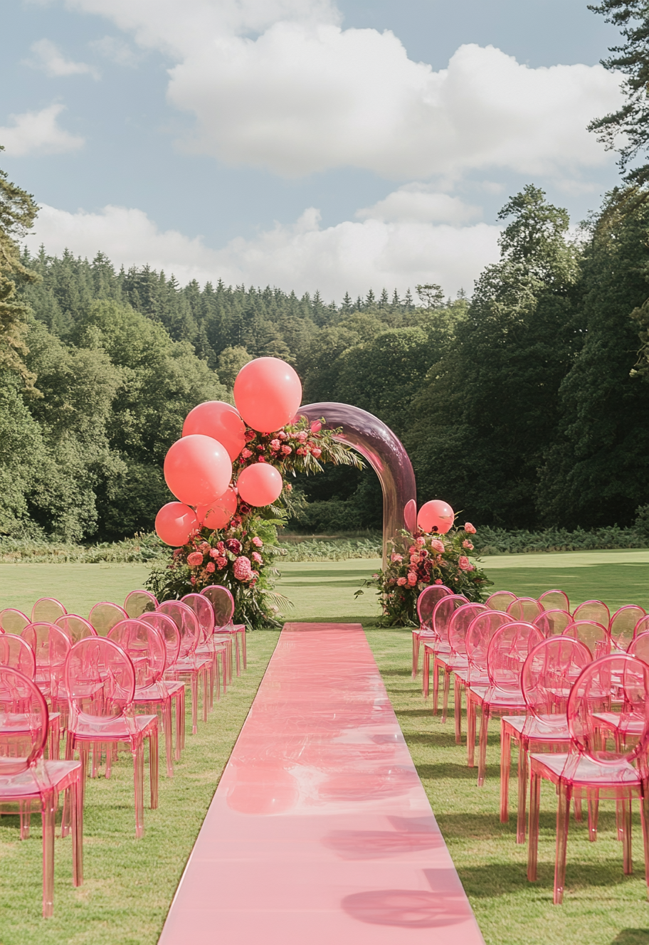 Beautiful wedding ceremony with pink balloons and maroon decor