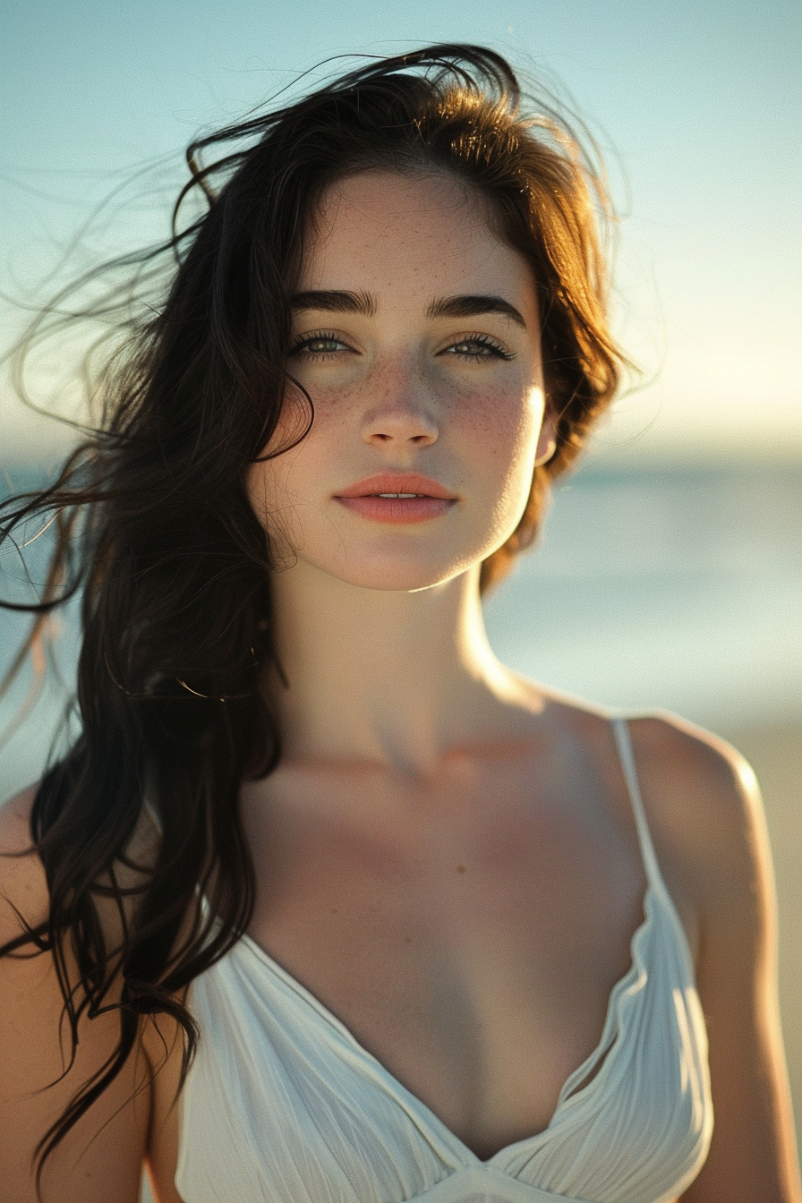 Beautiful woman in white dress on sunny beach