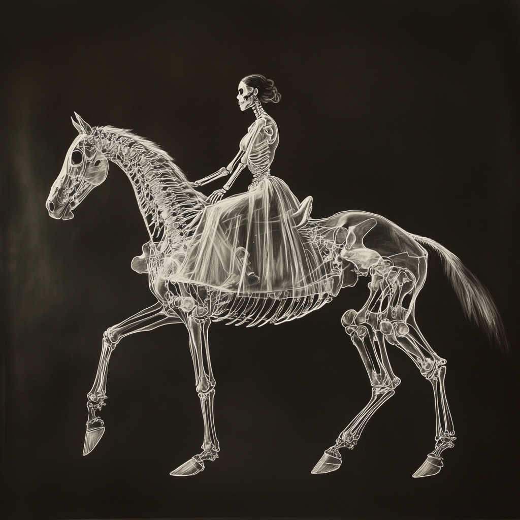 Beautiful woman on glowing horse skeleton