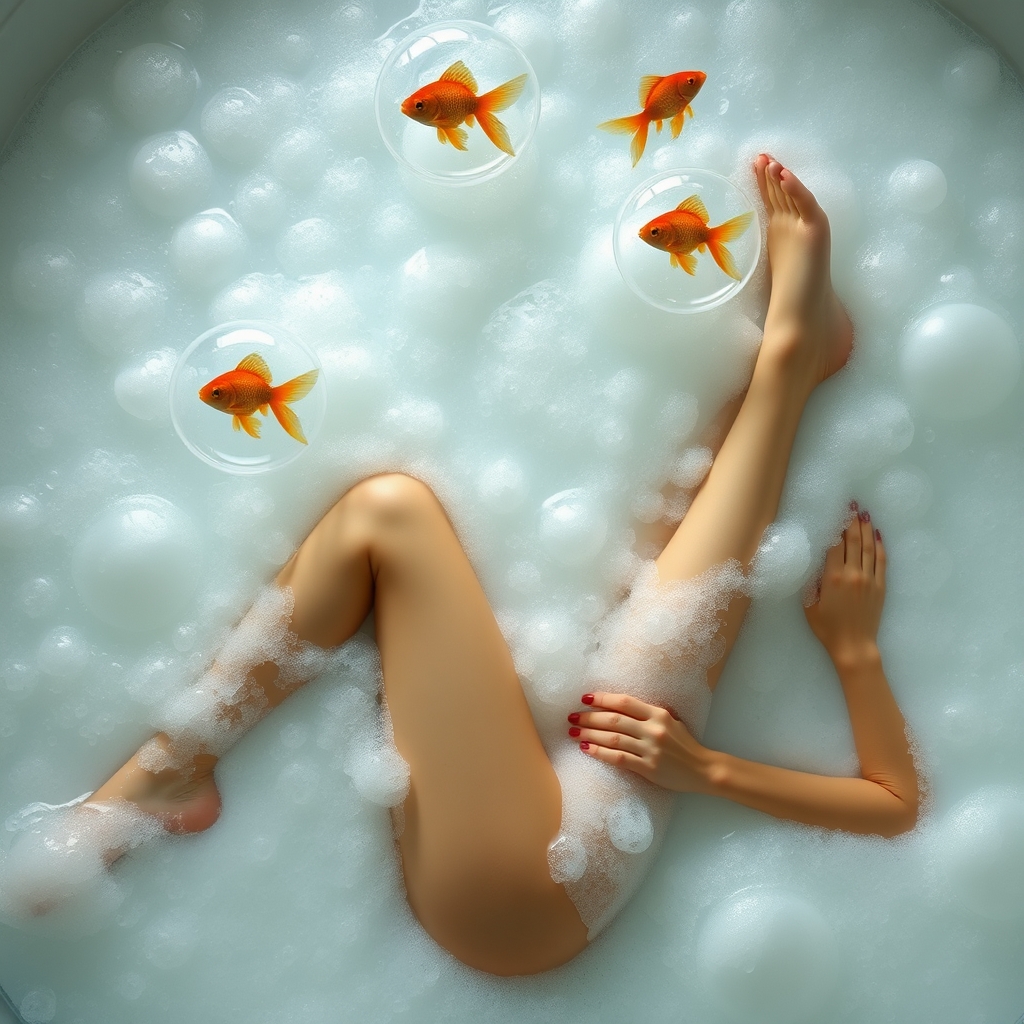 Beautiful woman relaxes in bubble bath with goldfish.