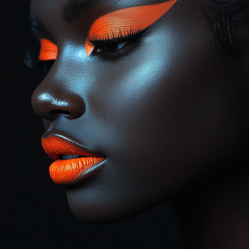 Beautiful woman with bold orange makeup in profile.