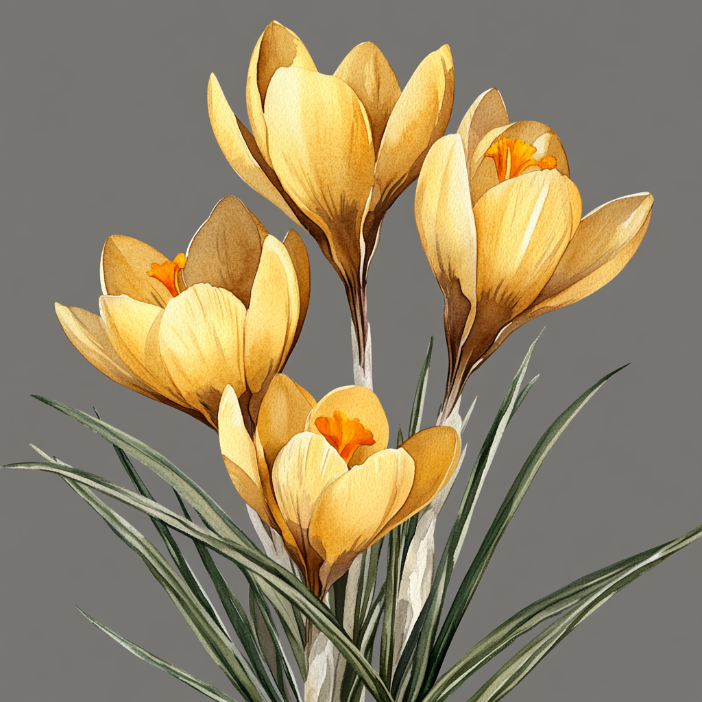 Beautiful yellow crocus flowers in detailed watercolor