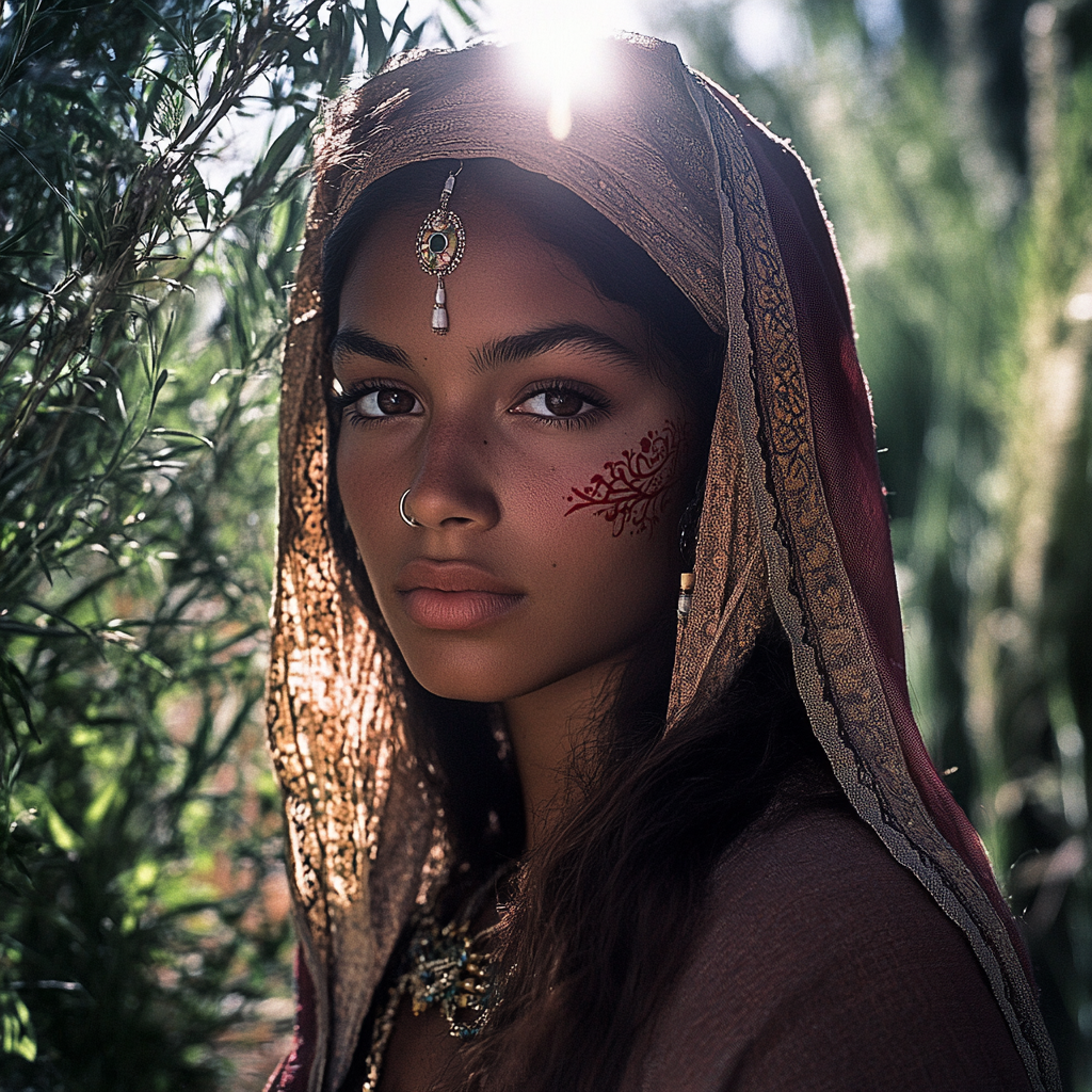 Beautiful young Mary in tribal dress with jewelry