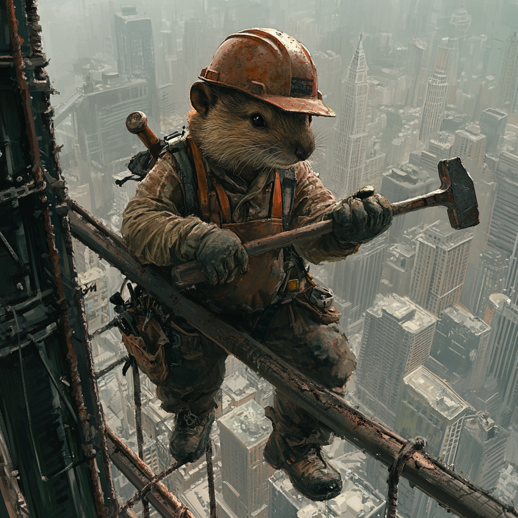 Beaver construction worker atop tall city scaffolding