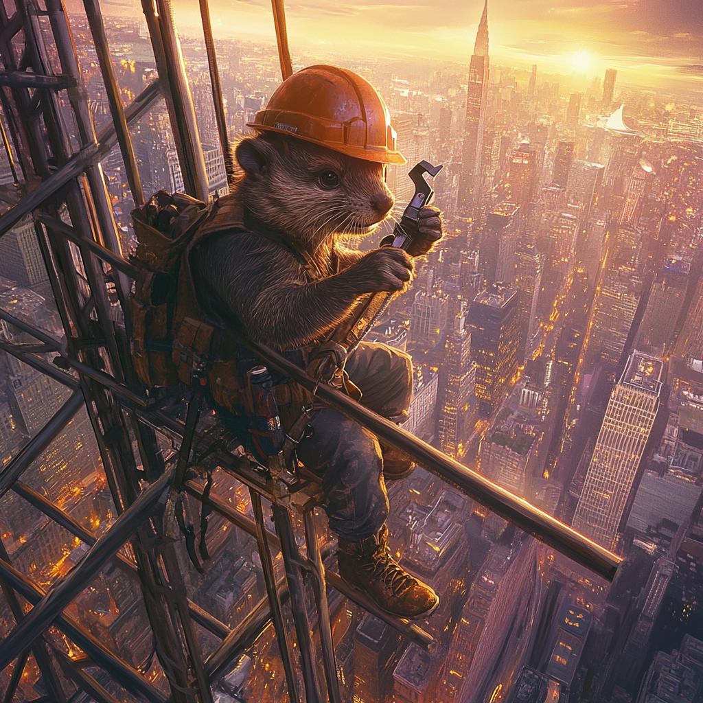 Beaver construction worker high above city with wrench