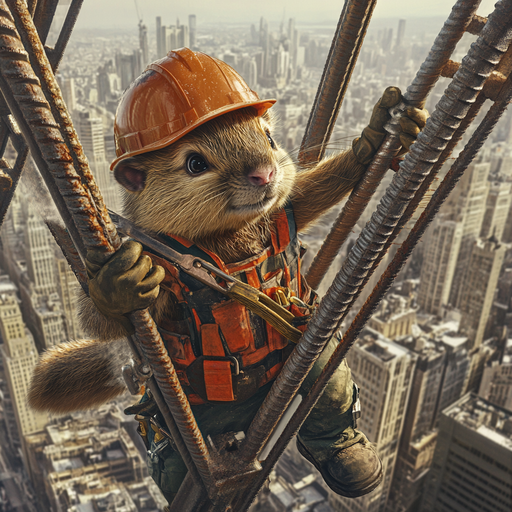 Beaver construction worker on city's tall scaffolding