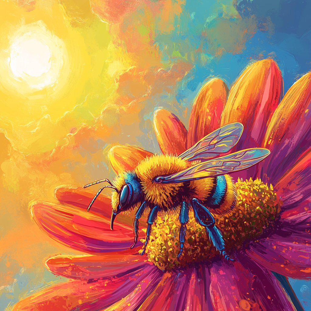 Bee on colorful flower under sun