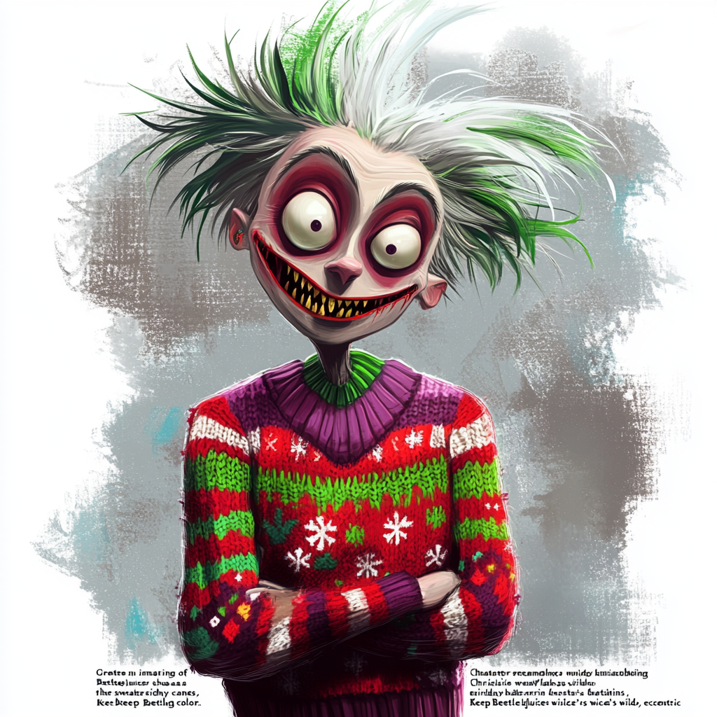 Beetlejuice in colorful Christmas sweater, mischievous expression