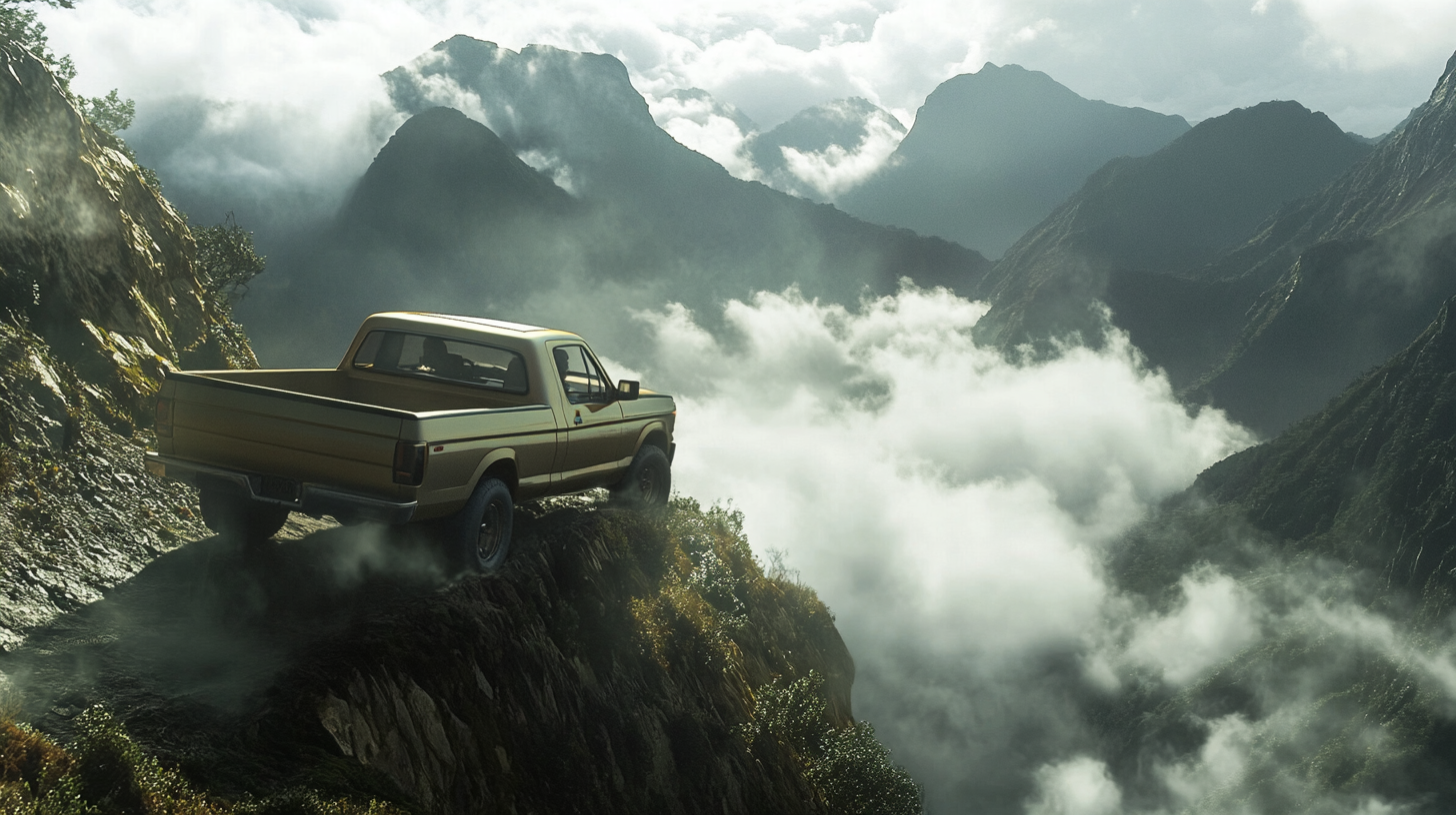 Beige Ford Truck Climbs Steep Mountain Road