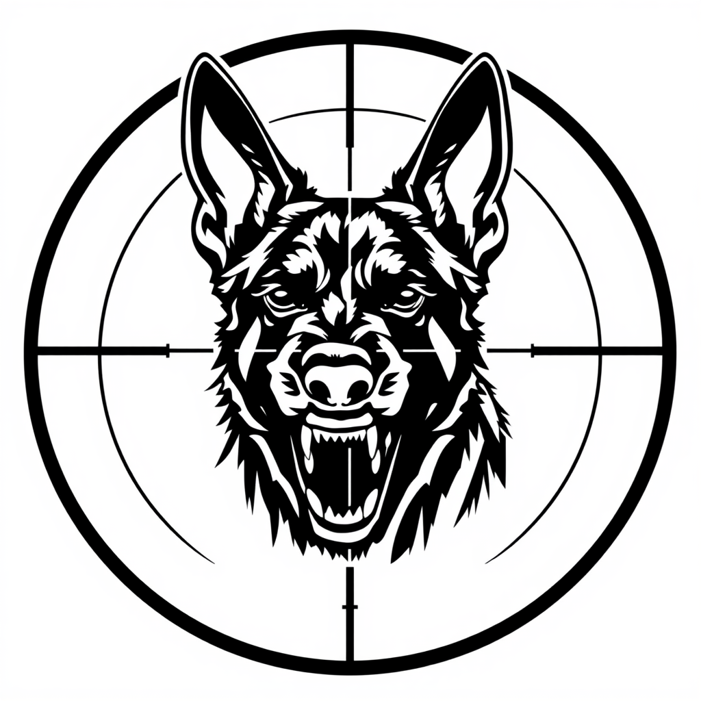 Belgian Malinois Head in Crosshairs, Black and White Logo