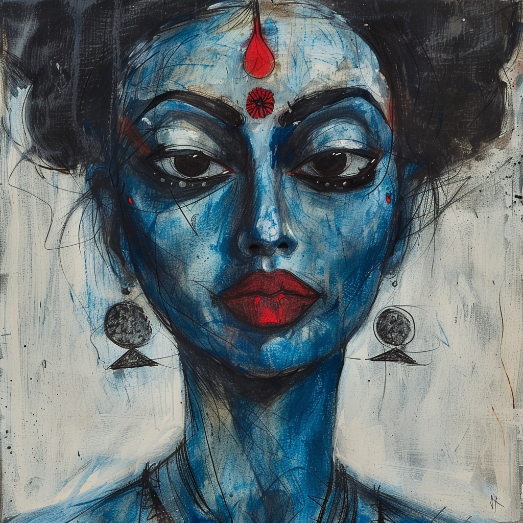 Bengali woman as blue skinned Goddess Kali sketch.