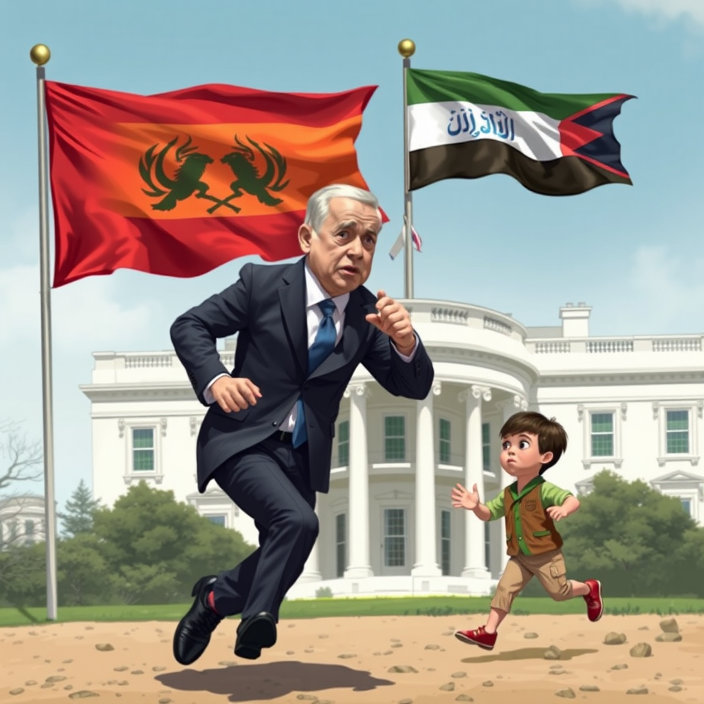 Benjamin Netanyahu runs to White House amid flags.