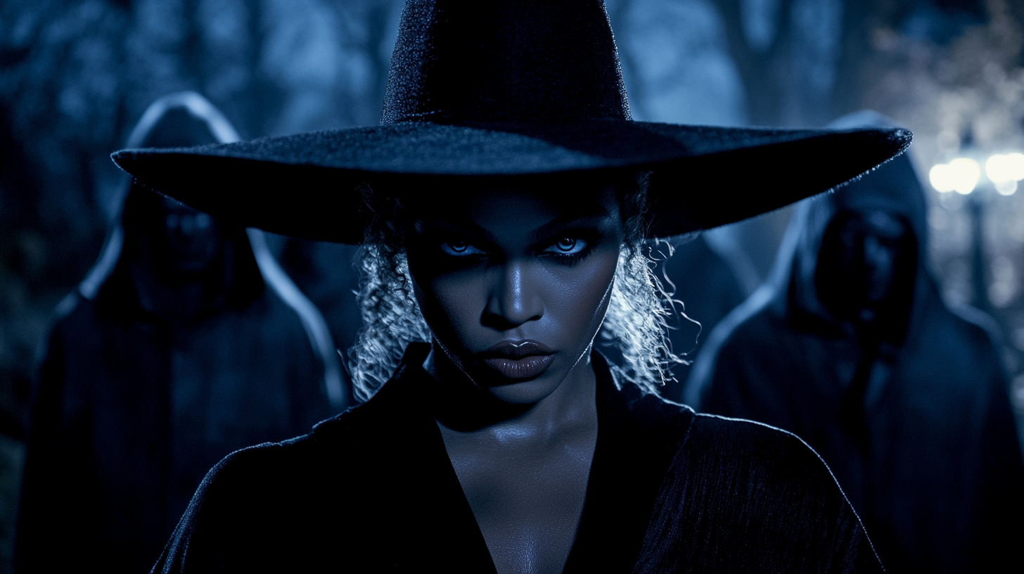 Beyoncé in hat and black outfit, snake eyes